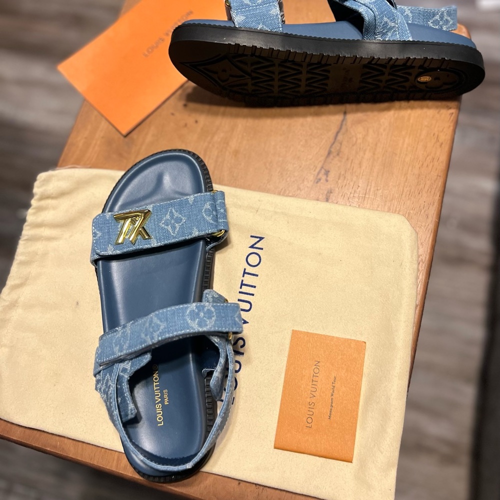Louis Vuitton Denim Blue Sandals with Gold Accent